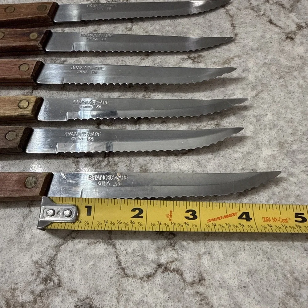 6 Vintage Brand Ware Stainless Steel Steak Knives Wooden Handles Dainty